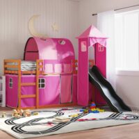 Funner 90x200cm Brown Wooden Kids Bunk Bed With Slide - Pink