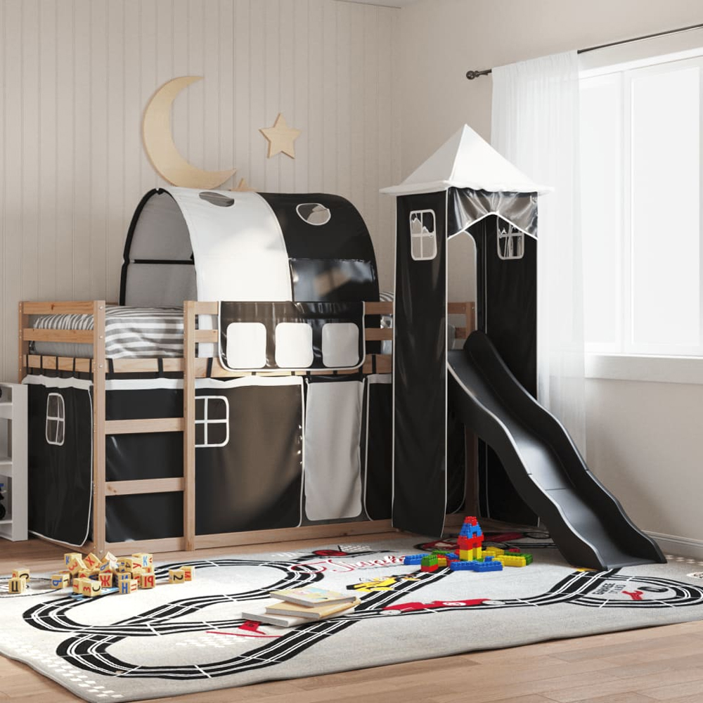 Funner 90x190cm Oak Wooden Kids Bunk Bed With Slide - Black
